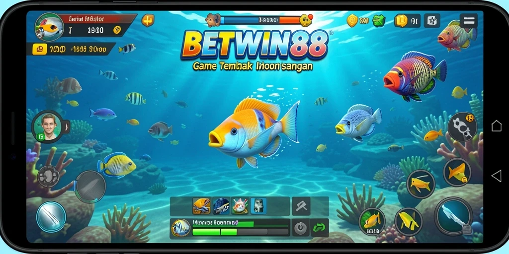 Gameplay seru BETWIN88 dengan menembak ikan berwarna-warni.