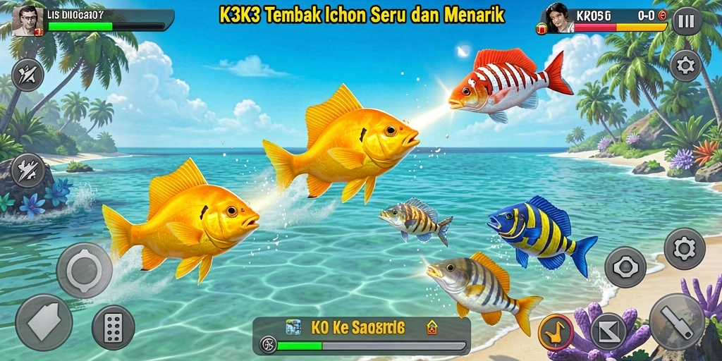 Screenshot utama K3K3 dengan aksi menembak ikan yang seru.