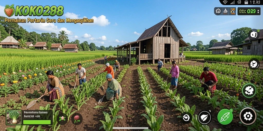 Tampilan gameplay KOKO288 dengan aktivitas bertani yang seru.