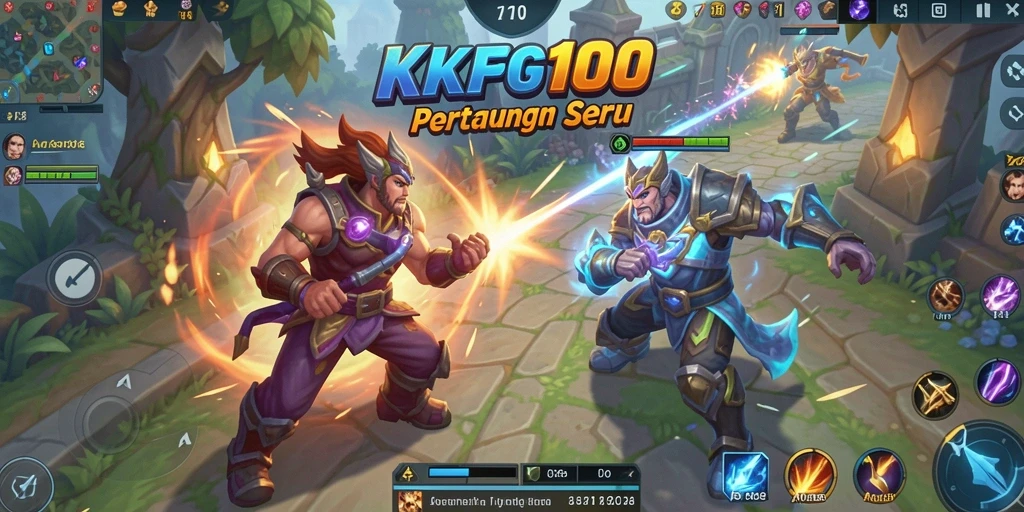 Screenshot utama KPK100 menunjukkan aksi pertempuran MOBA yang intens.